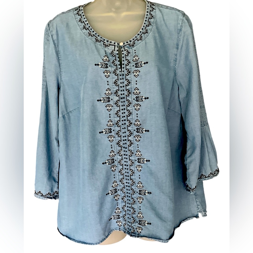 J Jill Denim Flared Embroidered Top
